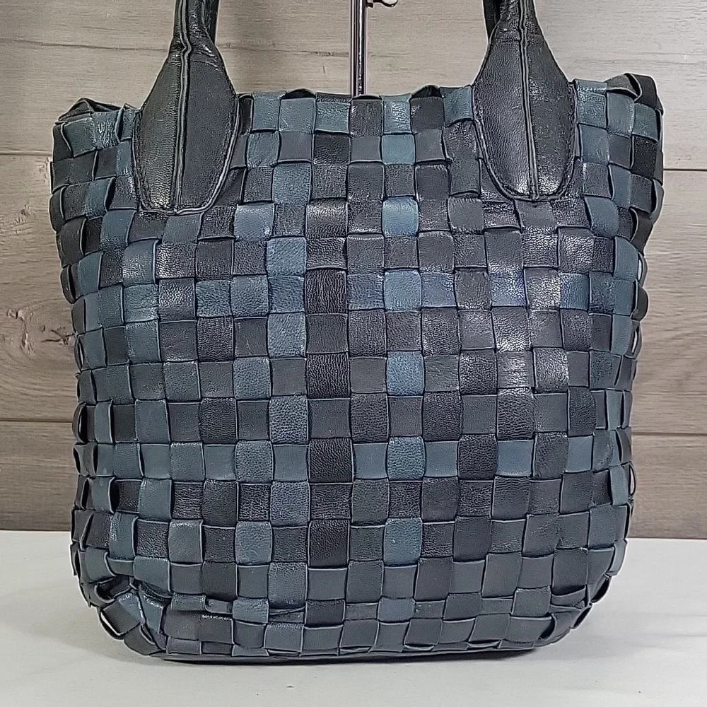 Monserat de Lucca for Anthropologie Blue Woven Leather Tote Bag